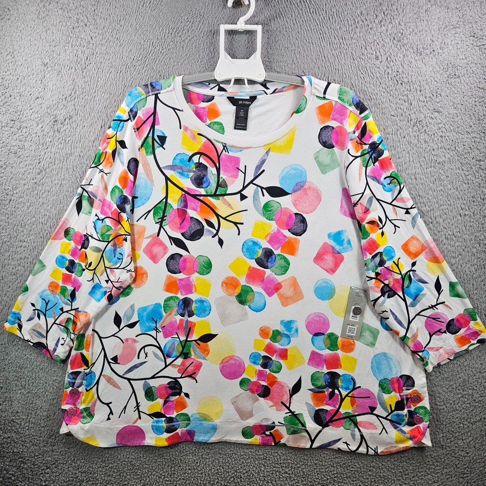 NEW Ali Miles Top Blouse Women 2X Stretch Colorful Geometric‎ Pink Button White